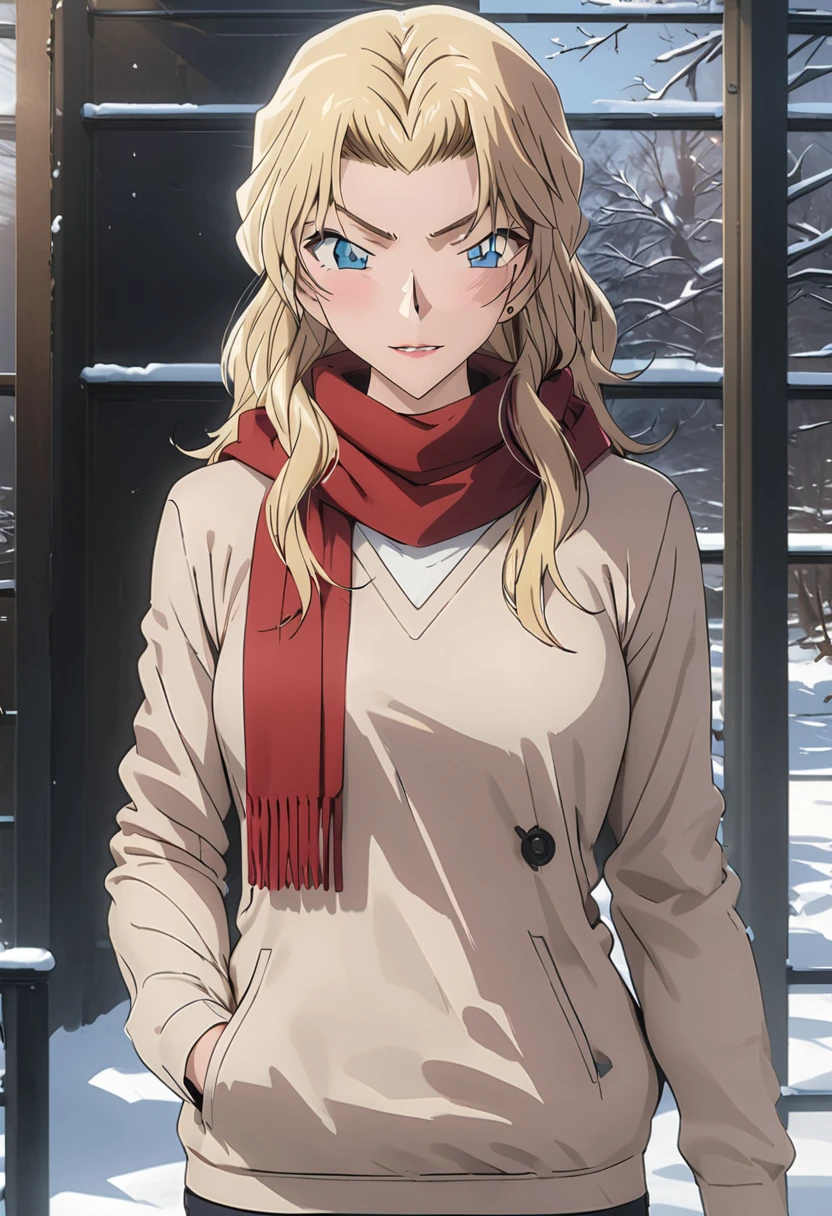 (Best Quality, High Resolution, Masterpiece: 1.4), Extremely Detailed, Detailed Face: 1.3, White Sweater, Red Scarf, Funky, Winter, Snowflakes Falling, Anime Style, Blonde, Single, Full Body Photo