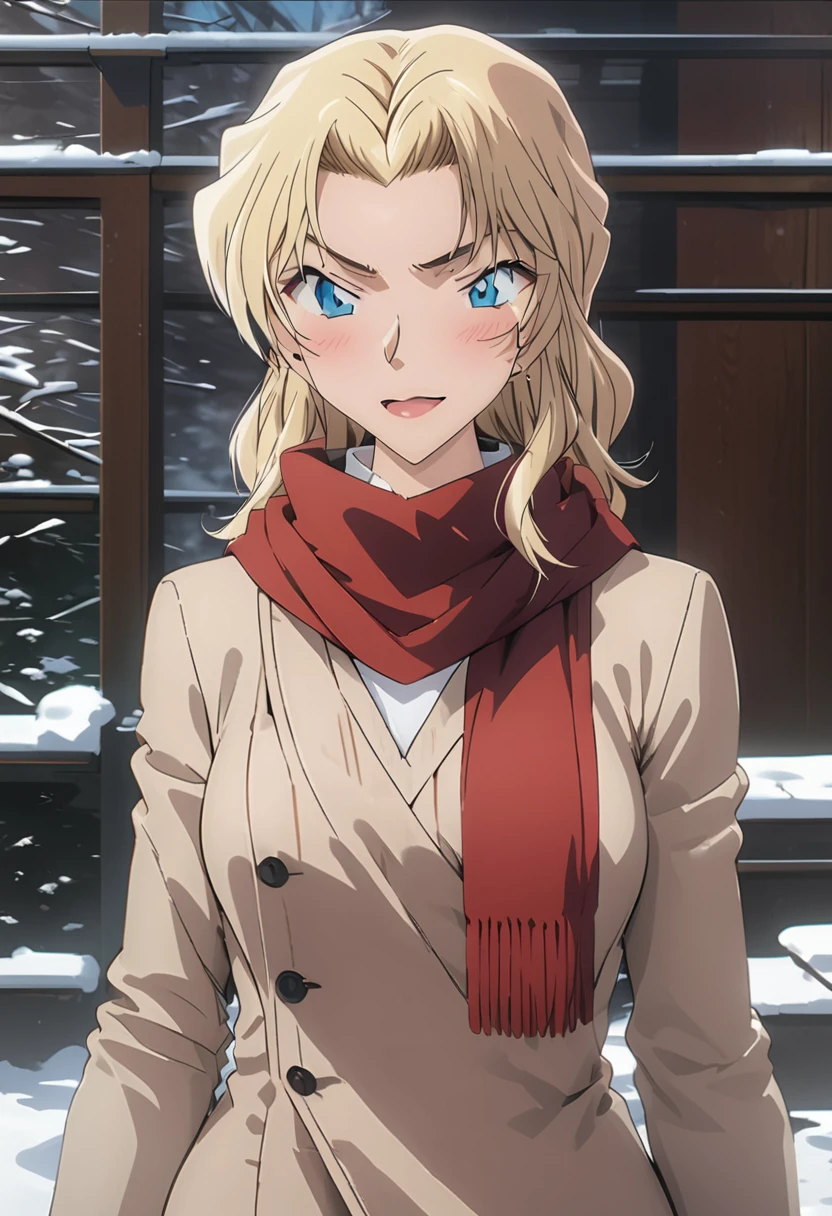 (Best Quality, High Resolution, Masterpiece: 1.4), Extremely Detailed, Detailed Face: 1.3, White Sweater, Red Scarf, Funky, Winter, Snowflakes Falling, Anime Style, Blonde, Single, Full Body Photo