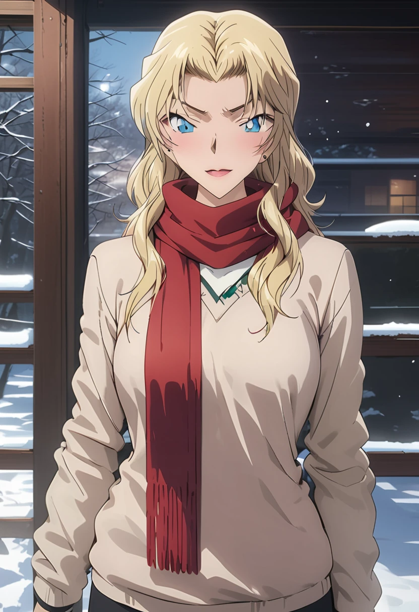 (Best Quality, High Resolution, Masterpiece: 1.4), Extremely Detailed, Detailed Face: 1.3, White Sweater, Red Scarf, Funky, Winter, Snowflakes Falling, Anime Style, Blonde, Single, Full Body Photo