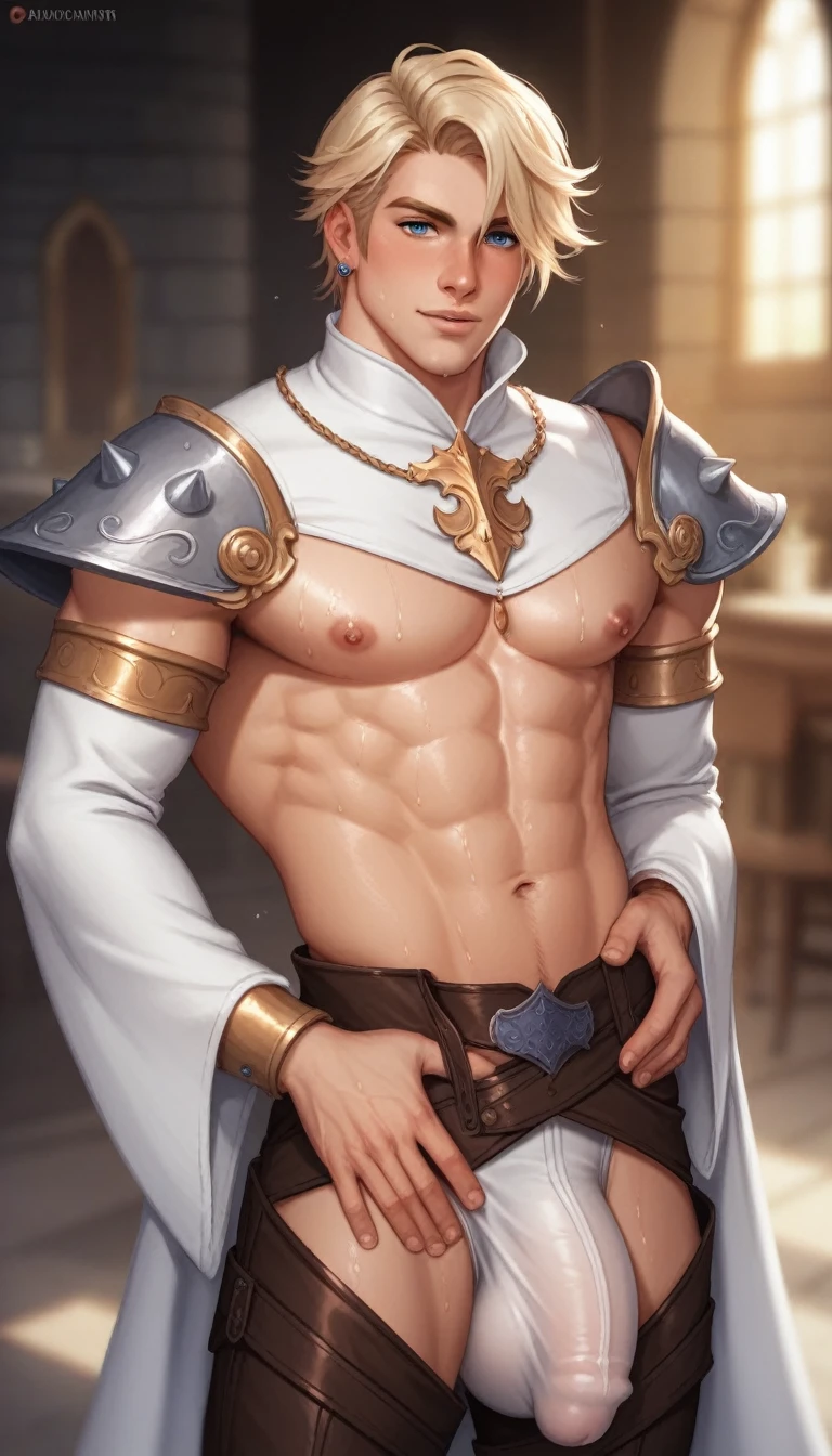 best quality, masterpiece, final fantasy 8, cosplay, squall leonhart, seifer almasy, medieval prince costume, blond hair, sexy, gay, homoerotic, big bulge, visible penis line, best view, perfect fingers, sweaty bodies, no watermark, no logo, no signature