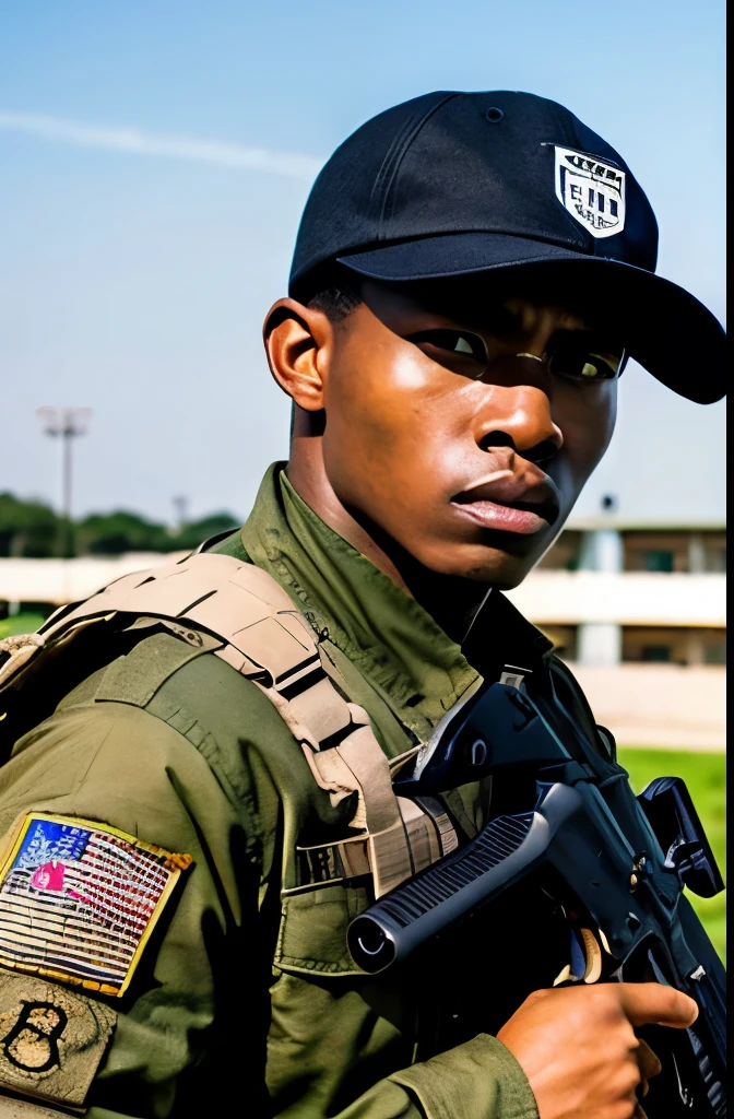 Multiple black men,20th Generation,Black Hair,Dark Skin,Army Corps,Hold an assault rifle,U.S. military bases,Crew cut,Serious face,military,Cowboy Shot,Baseball cap,