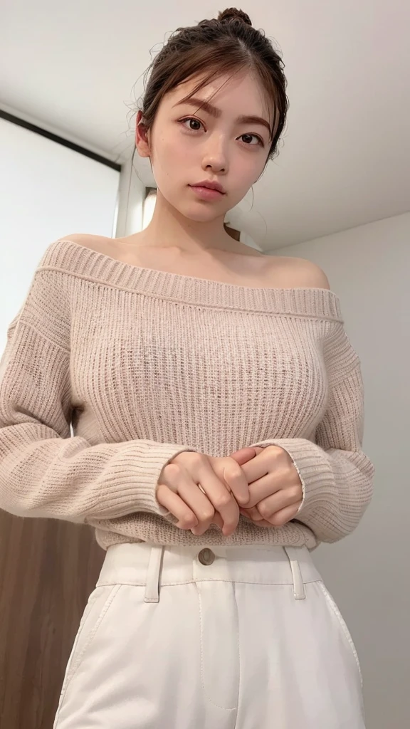 ((Highest quality, 8K, masterpiece: 1.3)), sharp: 1.2, Perfect Body Beauty: 1.4, Slim Abs: 1.2, ((nude、Big Breasts: 1.2)), (((Ribbed sweater:1.3, Off-the-shoulder sweater))), Short shorts:1.2, Bare shoulders, (((Underbust: 1.1))), Face close-up: 1.0, Highly detailed face and skin texture, Beautiful Eyes, double eyelid, (((Looking down at the camera)))