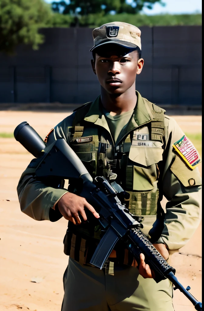 Multiple black men,20th Generation,Black Hair,Dark Skin,Army Corps,Hold an assault rifle,U.S. military bases,Crew cut,Serious face,military,Cowboy Shot,Baseball cap,