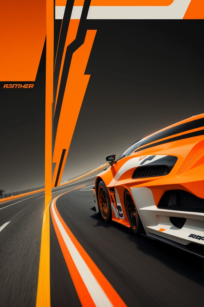 Banner for YouTube channel abstract racing style with predominant color orange and secondary colors black and light gray. Use the asphalt texture and use more orange.