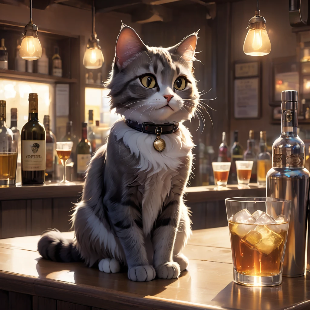 The protagonist cat at the bar counter, surrounded by empty glasses, looking very tipsy but happy.