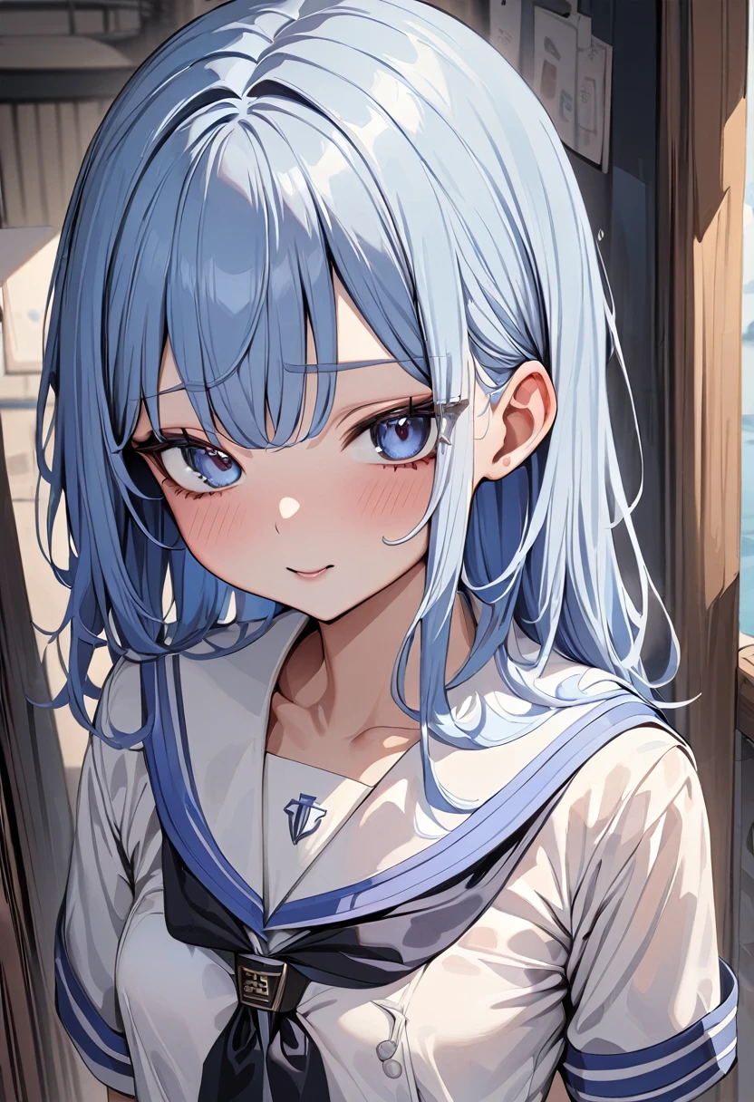 (masterpiece, top quality, very aesthetic, 4k、super detailed), intricate detail, 1girl,stand、upper body:1.3、
Cute 、blue hair、middle hair,sidelock ,,blue eyes、sailor uniform、small breasts,Slim 、JK