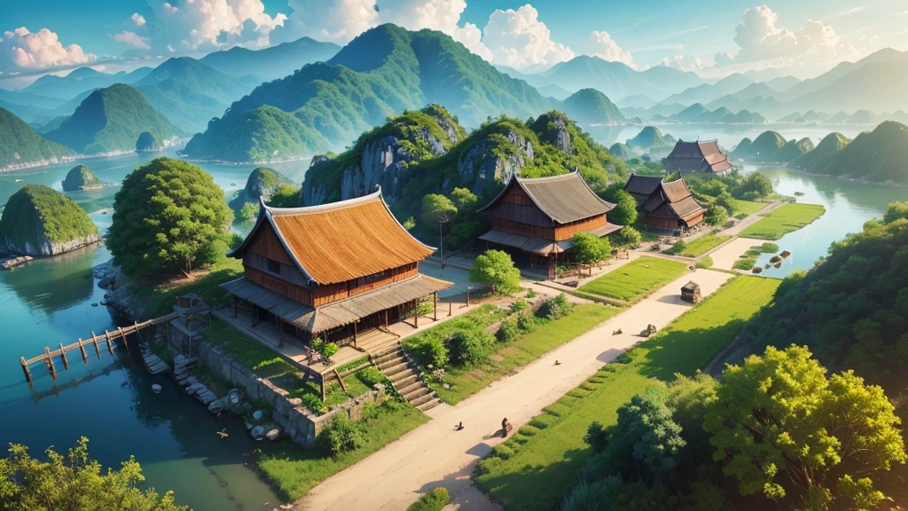 Beautiful scenery of ancient Vietnamese village. Aerial view, Photorealistic photos, High definition, 8K