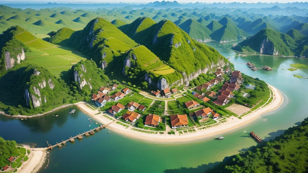 Beautiful scenery of ancient Vietnamese village. Aerial view, Photorealistic photos, High definition, 8K