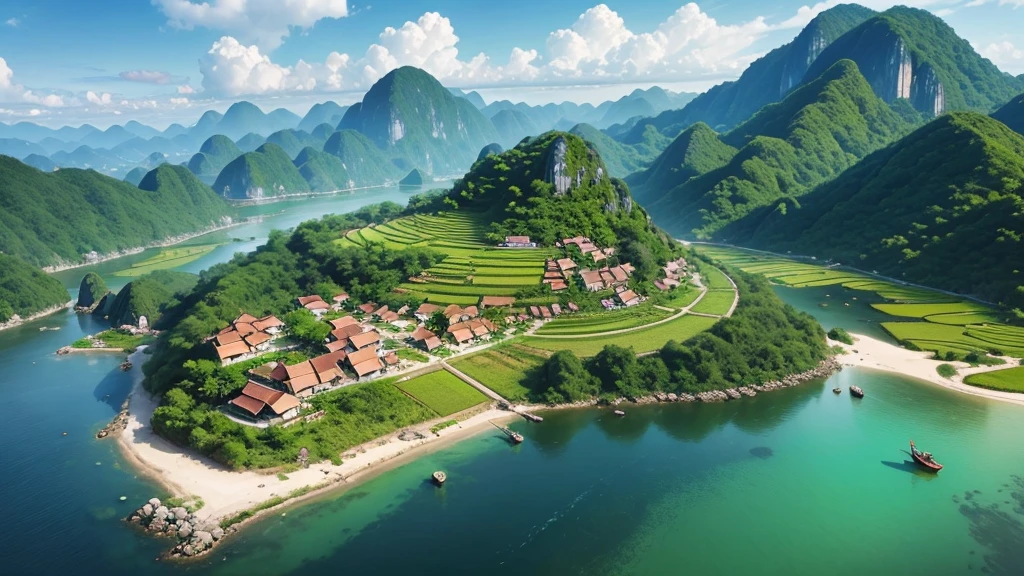 Beautiful scenery of ancient Vietnamese village. Aerial view, Photorealistic photos, High definition, 8K