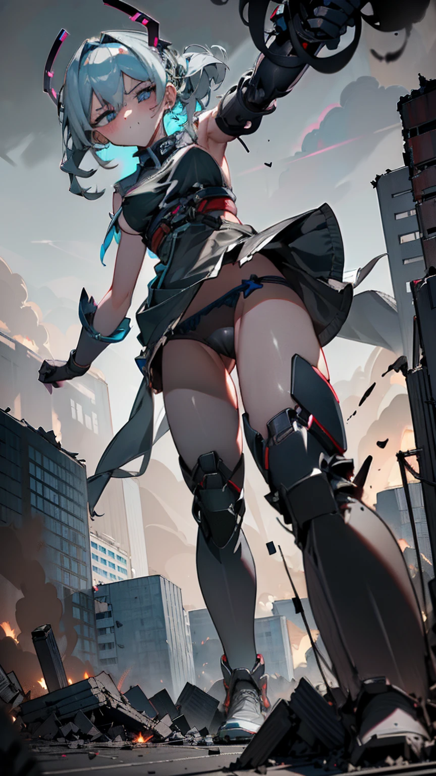 Under a stormy sky, the Giantess Goddess with charcoal-gray skin and lightning-blue eyes creates devastation. Each step causes buildings to collapse, and she revels in the terror of the humans she captures, their pain and fear fueling her dark desires.

