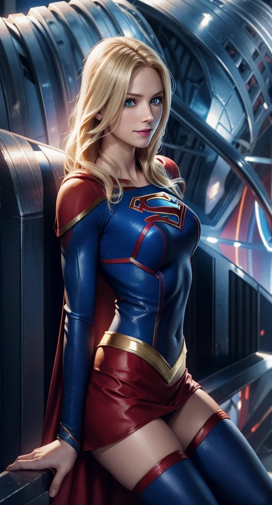 The character Supergirl, perfect costume, shiny blue eyes, extremely beautiful blond hair, beautiful smile , perfect anatomy and extremely beautiful face