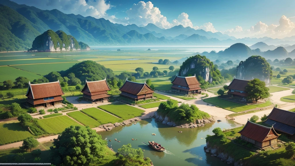Beautiful scenery of ancient Vietnamese village. Aerial view, Photorealistic photos, High definition, 8K