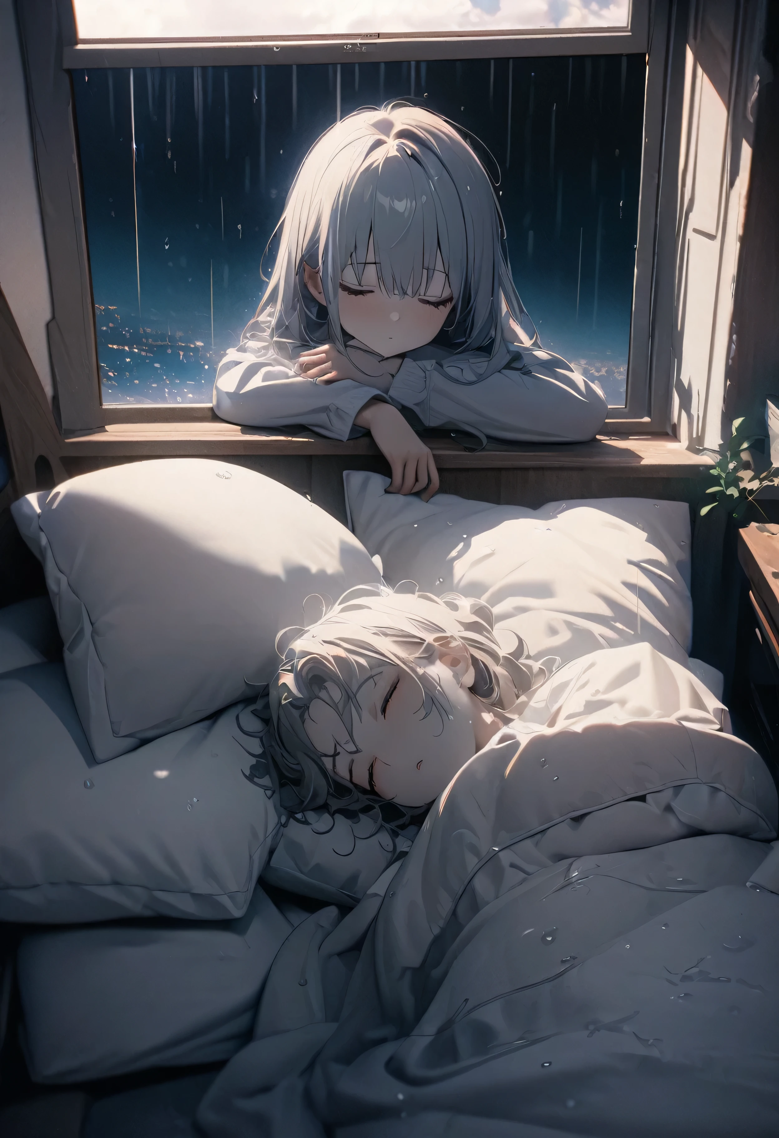 masterpiece, Highest quality,8K,Highly detailed CG unit wallpaper,High resolution,Highest quality,Highest quality real texture skin,Surreal,Increase the resolution,RAW Photos,Highest quality,Very detailed,Beautiful 20 year old boy sleeping on a pillow ,A window with a beautiful view, Rainy night sky