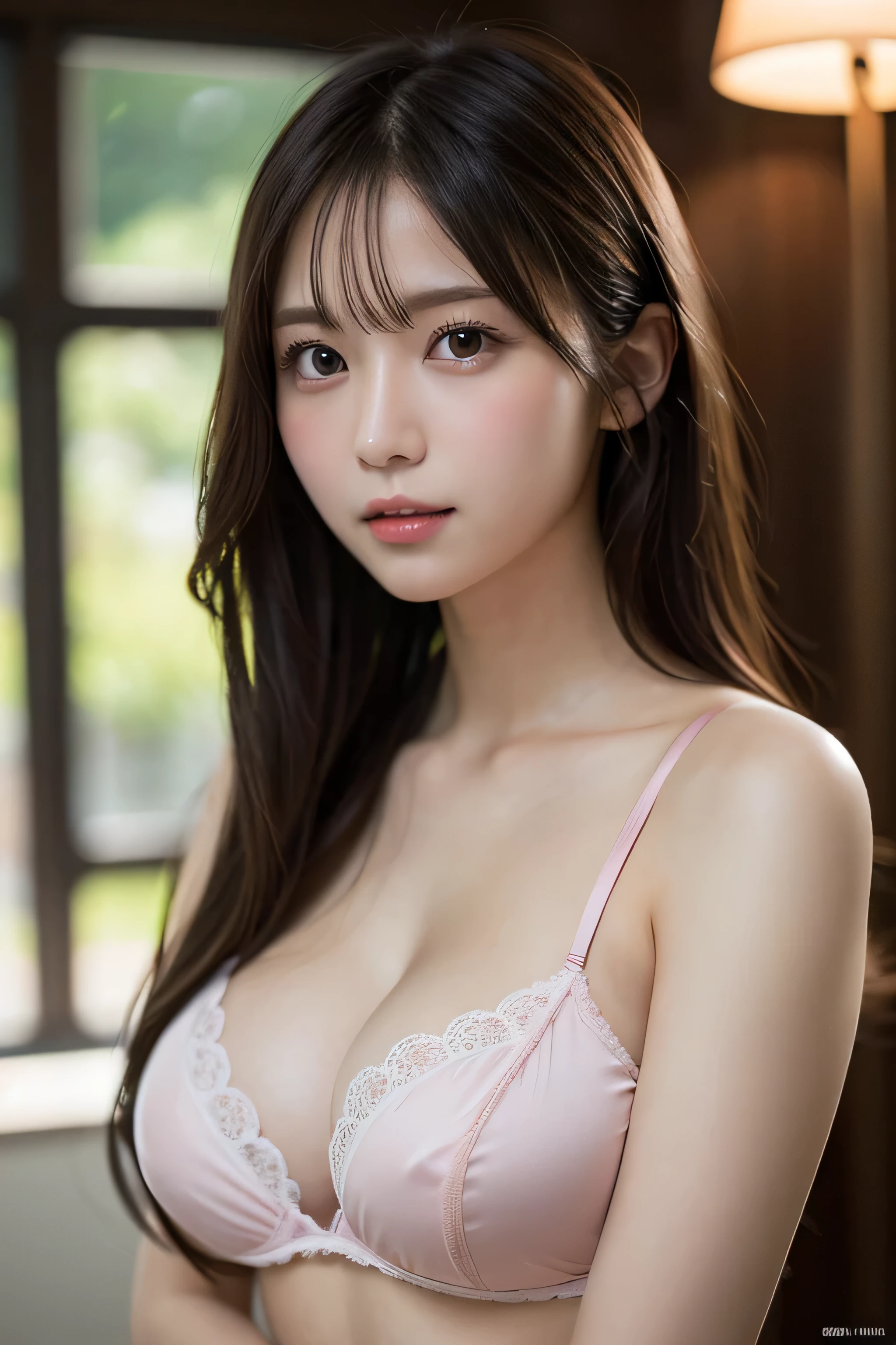 masutepiece, Best Quality, Illustration, Ultra-detailed, finedetail, hight resolution, 8K Wallpaper, Perfect dynamic composition, Beautiful detailed eyes,  Natural lips, See-through pink Lingerie:1.5 , Big breasts:1.5, cleavage, Slim Body:1.5