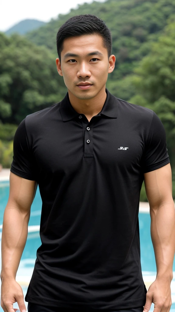 Thai man ,man，He is about 30 years old..，Rough and handsome appearance，Big muscleuscleหน้าอกขนาดใหญ่，(black polo shirt park:1.3)，Big waistline，chest hair，sitting on the side of the road，Wearing the tongs，buzz cut, angry, sullen, best quality, Masterpiece，(outdoor background road :1.5)，（Have muscles：4.5），（fat：1.5），（gray hair：1.5 ），（gray body hair：1.kin wrinkles：1.5），（glow on the skin：1.5），(best quality,high resolution,Masterpiece:1.2),The eyes are natural and delicate..,1 person,alone,gay asian,muscle,Long legs,brave,short hair details,conjunctivitis ,strong,brown eyes,In the swimming pool,