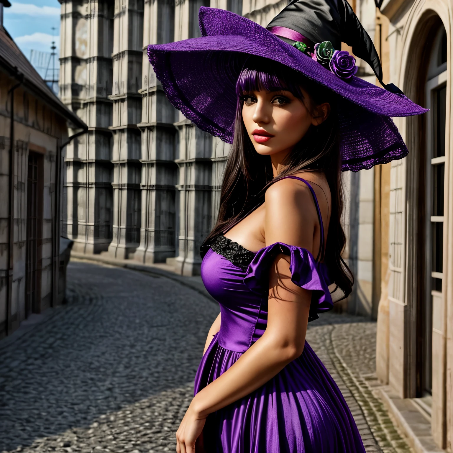 Arafed woman with a purple flowery hat and purple makeup, Dia de Finados:. 8 mil, Dia dos Mortos Maquiagem, half skull half face, sugar skull, half skull face, inspirado em Izzy Medrano, dia de muertos vestido e maquiagem, Dia de Finados:!!, inspirado em Ursula Edgcumbe, Linda mulher Bruxa, com cabelo curto preto, olhos Purple, big bust, vestido roupas de bruxa, sentada numa taverna sorrindo, Realistic, Full HD, Best Quality