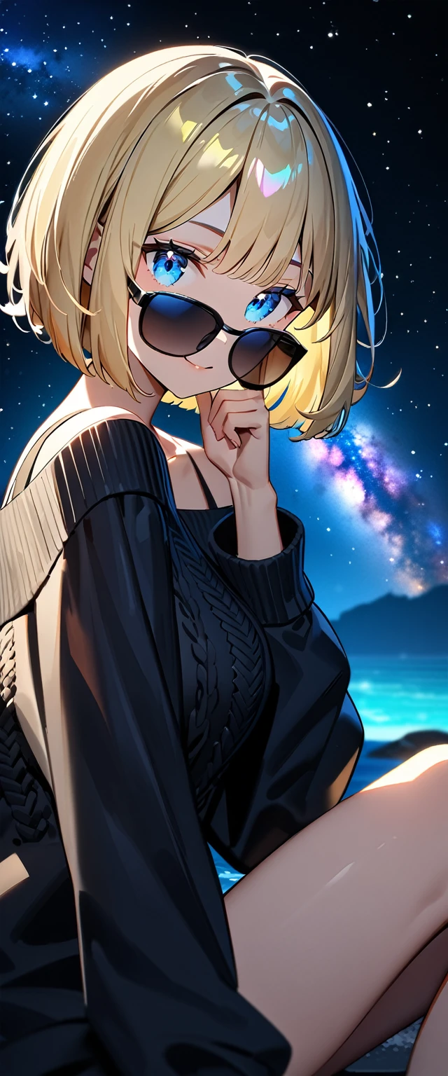 (((a beautiful starry sky, the Milky Way shining beautifully in the night))), ((bare legs)), (((sunglasses, hand to sunglasses))), (Aran sweater), ((((from side)))), upper body, ((sitting on the very high cliff)), wavy hair, inward curled hair, sea, beach, ((blond hair, bob cut:1.3)), breasts, teenager, (looking at viewer), oversized clothes, puffy long sleeves, ((off-shoulder sweater:1.3, Quite thick shoulder straps)), ((black sweater)), collarbone, head tilt:1.3, (((blue eyes))), happy smile, (((anime style))), (best quality, 4K, 8K, highres, masterpiece:1.2, ultra-detailed, ultra-detailed eyes, HDR, uhd, studio lighting, ultra-fine painting, sharp focus, physically-based rendering, extreme detail description, professional, vivid colors, bokeh)