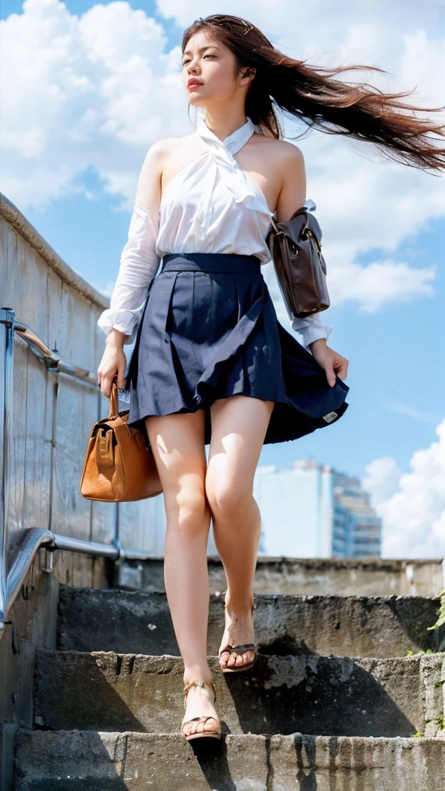 ((Viewing angle from below、Highest quality、masterpiece、32k、Every detail))、Descend the outdoor stairs、commute、Systemic manifestations、Traditional navy blue sailor uniform、White blouse、Pleated skirt、(((A strong wind blows my hair and skirt away:1.62)))、((I always carry the shoulder strap of my bag across my body..:1.22))、One Girl, alone、(((mini skirt, No underwear:1.22)))、Big Breasts、barefoot, High heels