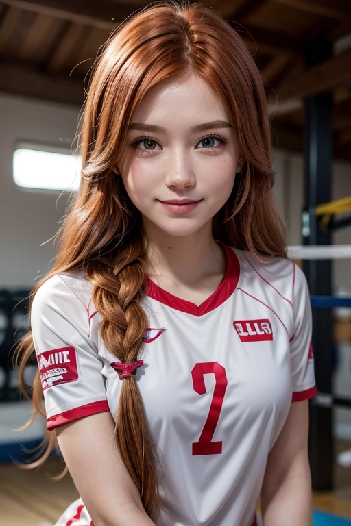 Beautiful 26 year old redhead, straight and long hair, Female volleyball player, lolalove, braid, wearing transparent volleyball uniform, volleyball gym, 18mm cannon, luz do flash, realisitic, highy detailed, analog style, deep decolte, whole body, cute smile, cute pose