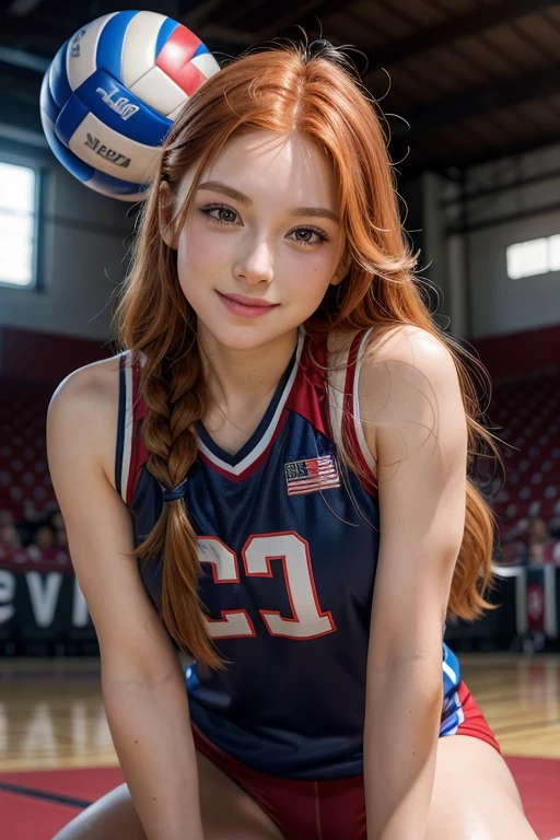 Beautiful 26 year old redhead, straight and long hair, Female volleyball player, lolalove, braid, wearing transparent volleyball uniform, volleyball gym, 18mm cannon, luz do flash, realisitic, highy detailed, analog style, deep decolte, whole body, cute smile, cute pose