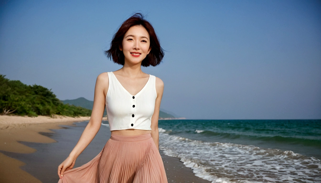 sunset on the beach，바다에 잔광이 비치네sunset on the beach 붉은 태양，A strong lingering scent is reflected in the sea., Beautiful 46-year-old short Korean woman, Chest size 34 inches, Wear sleeveless, light skirt. beautiful pretty woman look , wearing a light skirt , Go far into the sea water and dip your toes., Short medium hair blowing in the wind, 1 short woman, beautiful eyes, a little smile, Full-body photo taken from afar with a wide-angle lens, The background is clean and perfect., waves moved by the wind, best high definition