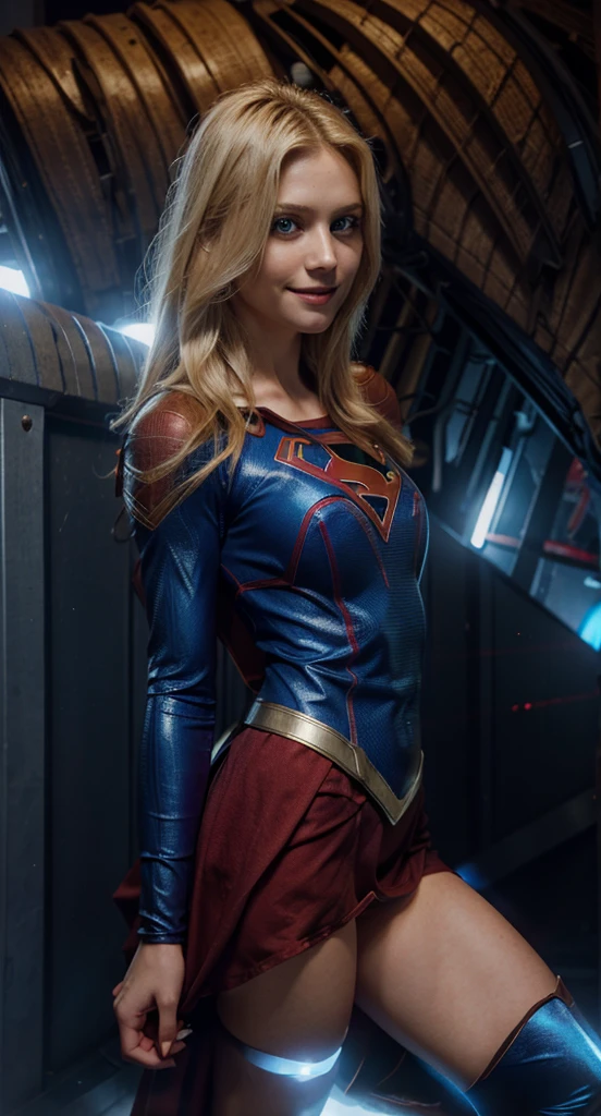 The character Supergirl, perfect costume, shiny blue eyes, extremely beautiful blond hair, beautiful smile , perfect anatomy and extremely beautiful face