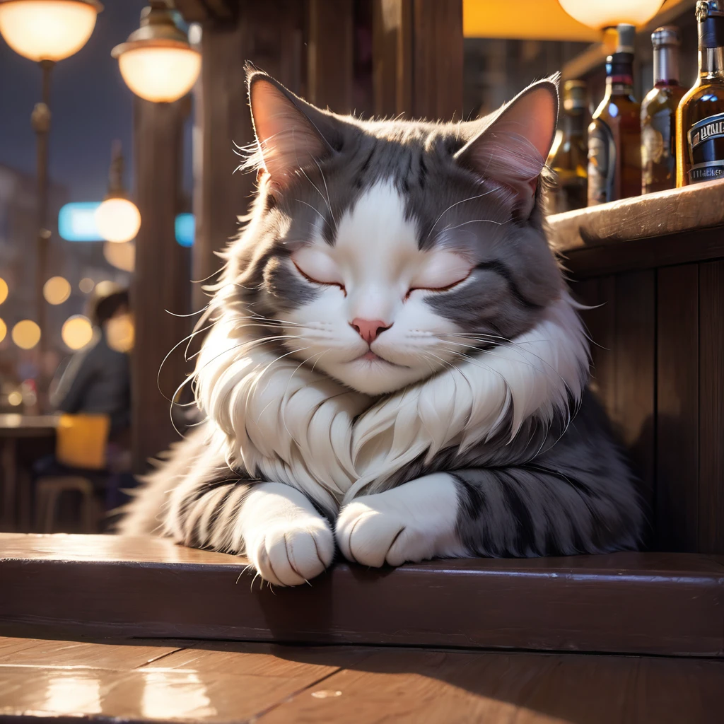 The protagonist cat slumped over the bar, asleep with a soft smile on its face.