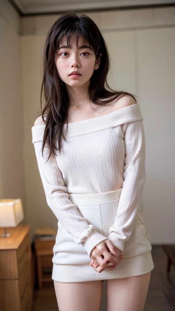 ((Highest quality, 8K, masterpiece: 1.3)), sharp: 1.2, Perfect Body Beauty: 1.4, Slim Abs: 1.2, ((nude、Big Breasts: 1.2)), (((Ribbed sweater:1.3, Off-the-shoulder sweater))), Short shorts:1.2, Bare shoulders, (((Underbust: 1.1))), Face close-up: 1.0, Highly detailed face and skin texture, Beautiful Eyes, double eyelid, (((Looking down at the camera)))