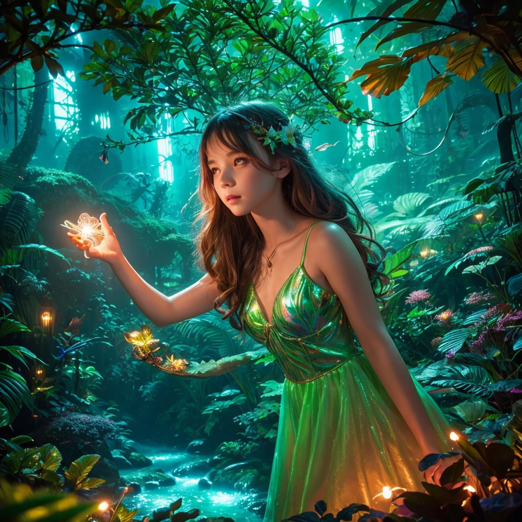 beautiful detailed girl in fairy dress, neon-lit jungle, glowing flora and fauna, trees as circuit boards, rivers of liquid light, 8k, photorealistic, cinematic lighting, vibrant colors, fantasy, surreal, magical