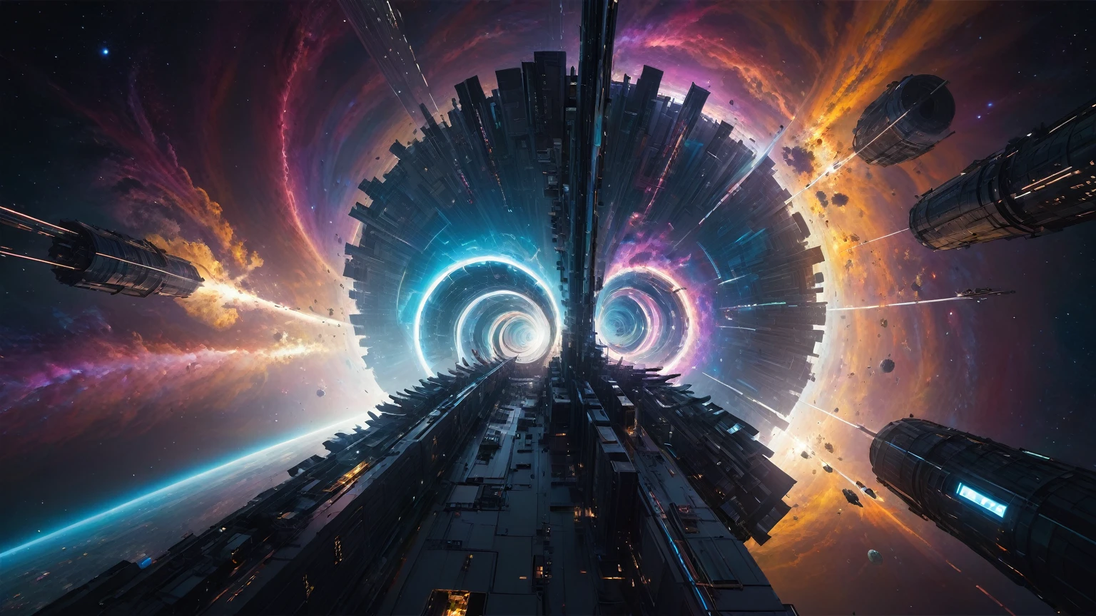 aerial view. brightly colored abstract image of a space station with a spiral, epic beautiful space scifi, chaotic cinematic space rift, greg beeple, planets colliding, beeple and tim hildebrandt, beeple and jean giraud, end of the universe, galaxy space sci-fi, ringworld, by Mike "Beeple" Winkelmann. Matrix style, (((((Matrix cascading code))))), (((((a futuristic twin tower skyscraper with a unique twisted design))))), (((((OLED GUI interfaces in the building))))), at night, (((((1girl, solo))))), photo realistic, (((large-breast:1.2 slim body, cleavage))), (((off broken mini sling-shirt and black sling bra, extreamly short pleated miniskirt exposing panty))), (((((running pose))))), (((((matrix style black sunglasses))))), ((((((((((aiming with a short gun)))))))))), (((((looking at camera))))), (((very low view))), (((((half-body thigh level medium shot))))), (((cinematic lighting))).