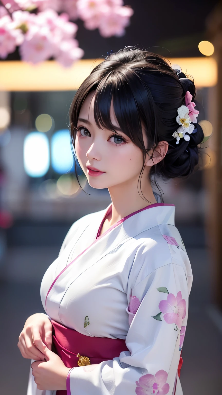 (logo、masterpiece、8K、Tabletop、RAW Photos、wonderful、最high quality、フォトリアリスティックでVery detailedな CG 複合 8K 壁紙、high quality、Very detailed、Narrative poem、Particle Effects、Dynamic Effects、Depth of the Boundary、Cinematic Light、Lens flare、Ray Tracing)、 (One beautiful woman wearing a yukata、White yukata、Light purple pattern)、Black-haired、High definition skin、Very fine、Fine skin texture、Beautiful Face、True Face、Beautiful details in the eyes、Realistic eyes、Beautifully detailed eyes、Realistic Skin、Beautiful Skin、Surreal、Smiling Eyes、Hair and light eyes、vivid、Colorful lights and bokeh、plump lower lip、Pink Lips、Hair flutters in Wind、Hair bounces、wonderful景色、night、evening、Wind、moonlight、moonlight、light