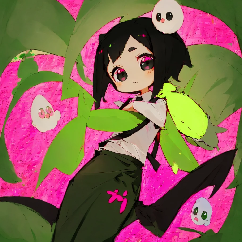 A girl, short black hair, dark eyes, wearing white shirt, a long green pencil skirt, a pink backpack, clear forehead, small, chibi, big eyes, cute, a short pink tail with red tie.