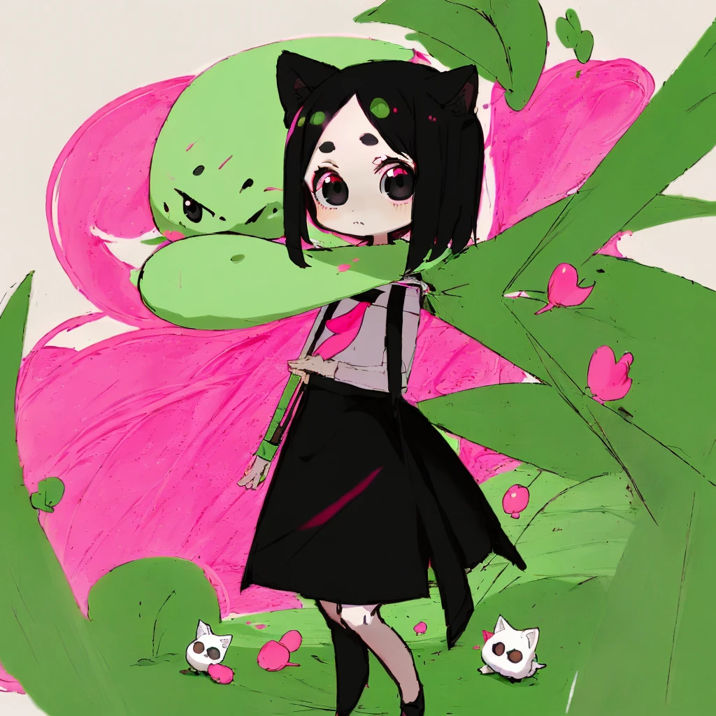A girl, short black hair, dark eyes, wearing white shirt, a long green pencil skirt, a pink backpack, clear forehead, small, chibi, big eyes, cute, a short pink tail with red tie.
