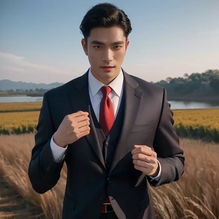 arafed man in a สูท and tie standing in a field, wearing business สูท, wearing a black and red สูท, wearing a สูท and a tie, wearing a business สูท, สูท and tie, wearing a สูท and tie, wearing สูท and tie, wearing a stylish men's สูท, wearing a สูท, หล่อและสง่างาม, สูท ， ใบหน้าที่สมบูรณ์แบบ, wearing สูท