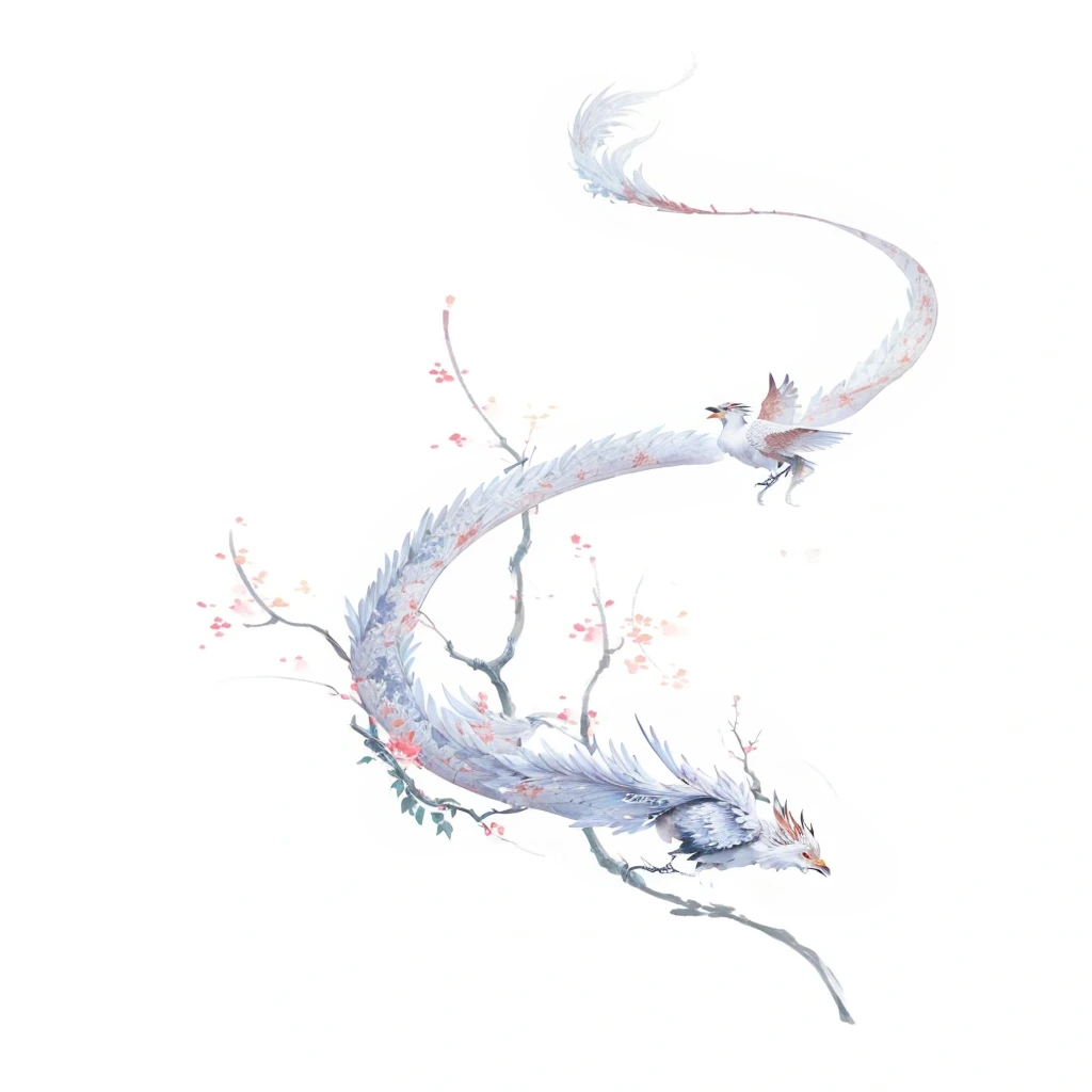 there is a drawing of a bird sitting on a branch, inspired by Sōami, inspired by Nōami, mizutsune, inspired by Ryōhei Koiso, by Kanō Tan'yū, chinese dragon concept art, by Sōami, by Li Zai, chinese watercolor style, kitsune three - tailed fox