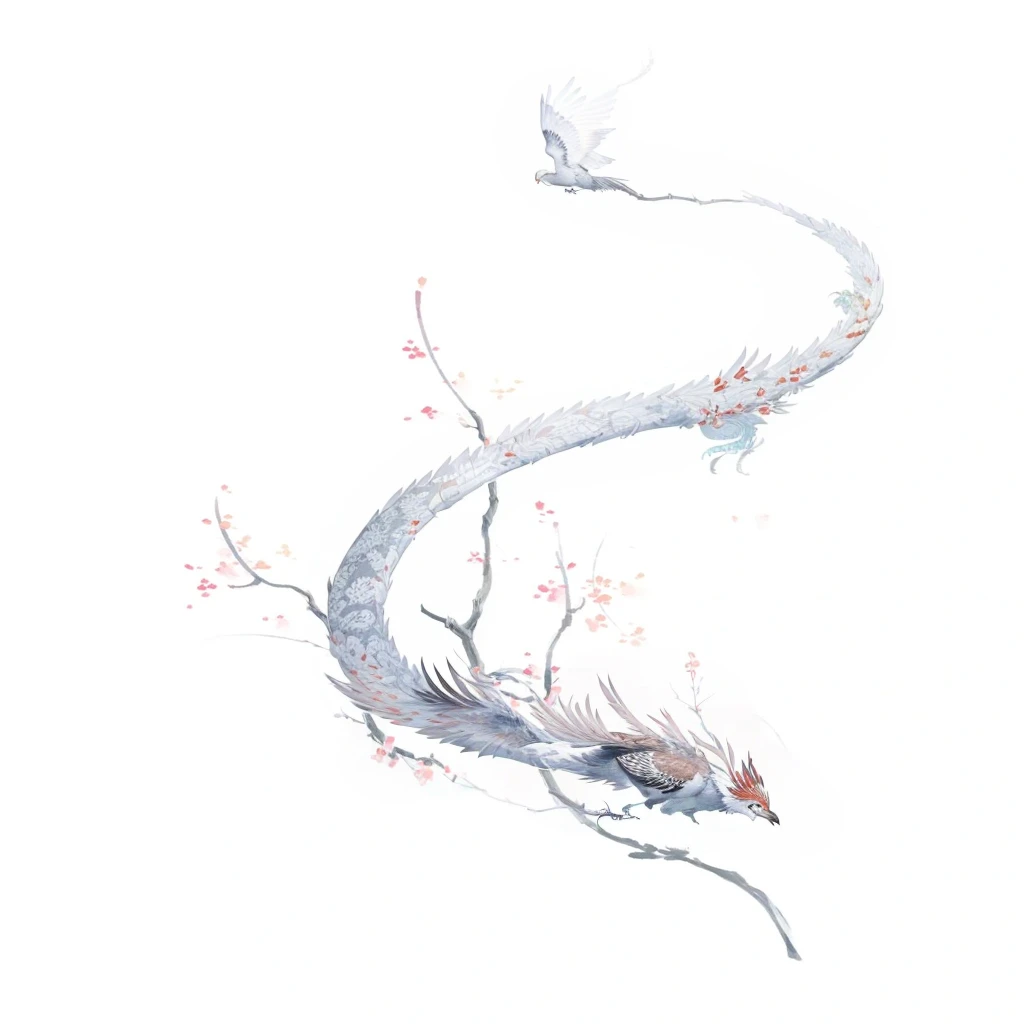 there is a drawing of a bird sitting on a branch, inspired by Sōami, inspired by Nōami, mizutsune, inspired by Ryōhei Koiso, by Kanō Tan'yū, chinese dragon concept art, by Sōami, by Li Zai, chinese watercolor style, kitsune three - tailed fox