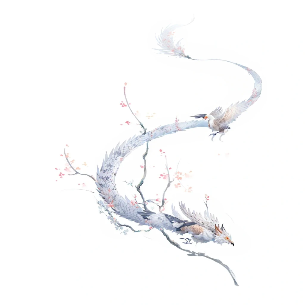 there is a drawing of a bird sitting on a branch, inspired by Sōami, inspired by Nōami, mizutsune, inspired by Ryōhei Koiso, by Kanō Tan'yū, chinese dragon concept art, by Sōami, by Li Zai, chinese watercolor style, kitsune three - tailed fox