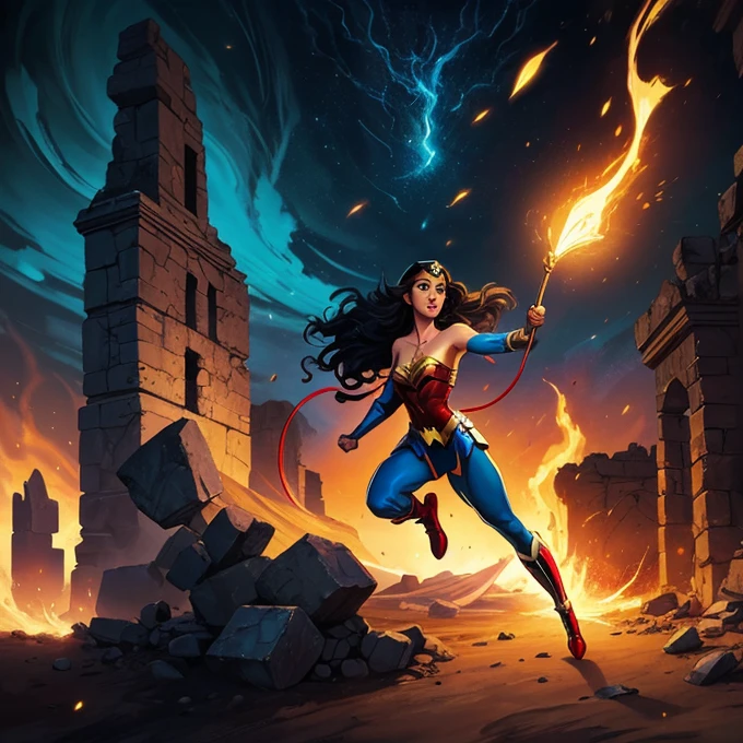 A captivating work of pop art by artist Cepriu, featuring a seductive elf wonder woman flying towards the viewer. The illustration has an old comic book feel, with the lovely elf looking at the viewer, displaying a luminescent Wonder Woman lasso of truth spinning in her hand, 
 and leaving a swirling wake in its wake. The background shows some ancient elven ruins. This work combines elements of illustration, typography, poster design and painting to create a dark fantasy masterpiece., typography, illustration, painting, poster, dark fantasy