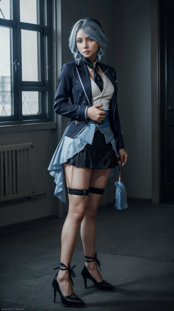 Furin, Furin в полный рост, Blue eyes, blue hair, pappus, Ahoge, hair over one eye, light blue hair, short hair,
break asymmetrical gloves, black gloves, long skirt suit, (((Troika costume))), (((tie))), blazer, (((blazer))), (((vest))), double-breasted vest, fitted skirt with heels,hobble skirt, black heels,
break looking at viewer,
break indoors,
break (Masterpiece:1.2), Best quality, A high resolution, unity 8k wallpaper, (Illustration:0.8), (beautiful detailed eyes:1.6), very detailed face, perfect lighting, Extremely detailed computer graphics, (perfect hands, Ideal Anatomy),