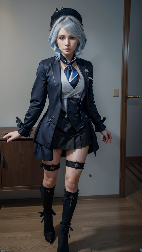 Furin, Furin в полный рост, Blue eyes, blue hair, pappus, Ahoge, hair over one eye, light blue hair, short hair,
break asymmetrical gloves, black gloves, long skirt suit, (((Troika costume))), (((tie))), blazer, (((blazer))), (((vest))), double-breasted vest, fitted skirt with heels,hobble skirt, black heels,
break looking at viewer,
break indoors,
break (Masterpiece:1.2), Best quality, A high resolution, unity 8k wallpaper, (Illustration:0.8), (beautiful detailed eyes:1.6), very detailed face, perfect lighting, Extremely detailed computer graphics, (perfect hands, Ideal Anatomy),