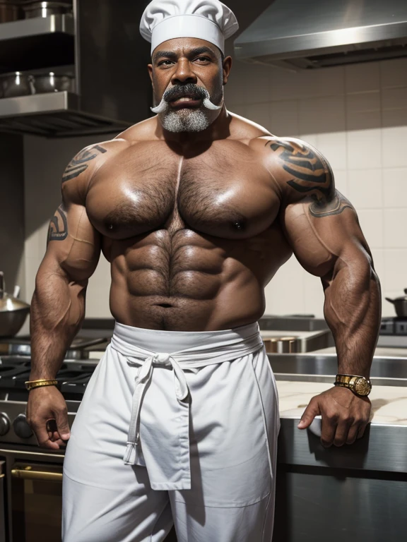Bare-chested superhero chef, extremely old, more than 80 years, very muscular, of more than 200 kg, bare-chested african american, large and flaccid pectorals, huge brown nipples with brass rings, very long gray hair and big gray mustaches with huge tattooed arms in a kitchen with white pants and a white chef'the boss