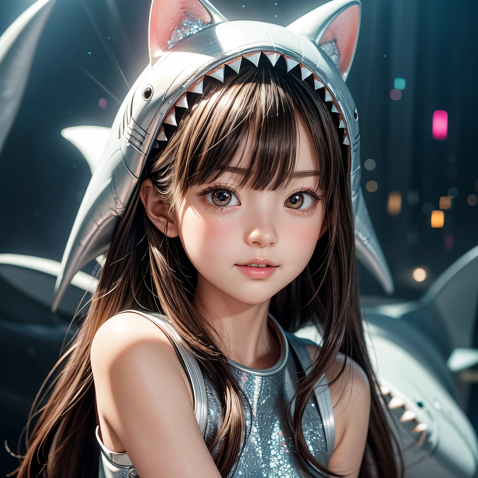  (Skinny Shark BodySuit,  shark head hood without ears), 8k, High-level, absurd, masterpiece, best quality, primitive, very detailed CG, very detailed wallpaper, perfect lighting, Extremely detailed ((( personifying " Shark" as a Little Girl))), MysticSight, Tyndall effect, Tyndall scattering, (Studio gray background with (Overflowing oodles Dazzling RainbowColorParticles (BokeH))), (RoundlyButts, Shark tail), (Exposed:0.4), (Assfocus with looking ahead) BREAK  (Acutance:0.88), (NOGIZAKA face variations) Extremely Detailed very KAWAII face variations, perfect anatomy, Childish, CaptivatingGaze ElaboratePupils detailed Eyes with (sparkling highlights:1.28), (Voluminous LongEyelashes:0.88)、GlossyRED Lips with beautiful details, RosyCheeks, Radiant PearlSkin with Transparency . { (Dynamic LifeLike expressions:1.4) | (:d) }, (large eyes:-1) . ((animal ears:-1.2))