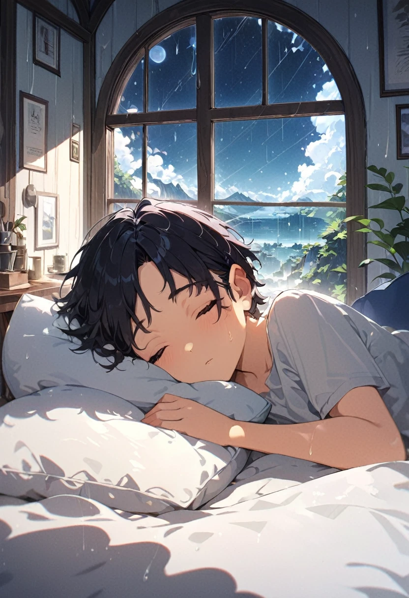 masterpiece, Highest quality,8K,Highly detailed CG unit wallpaper,High resolution,Highest quality,Highest quality real texture skin,Surreal,Increase the resolution,RAW Photos,Highest quality,Very detailed,Beautiful 20 year old boy sleeping on a pillow ,A window with a beautiful view, Rainy night sky
