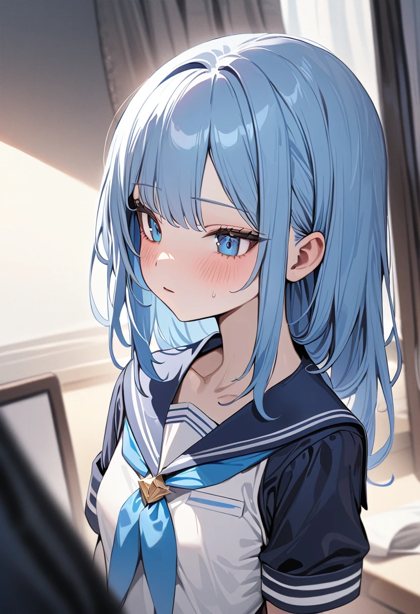 (masterpiece, top quality, very aesthetic, 4k、super detailed), intricate detail, 1girl,stand、upper body:1.3、
Cute 、blue hair、middle hair,sidelock ,,blue eyes、sailor uniform、small ,Slim 、JK