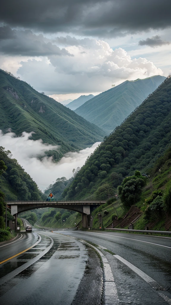 Raining, A road, mountain with beautiful view in indonesia