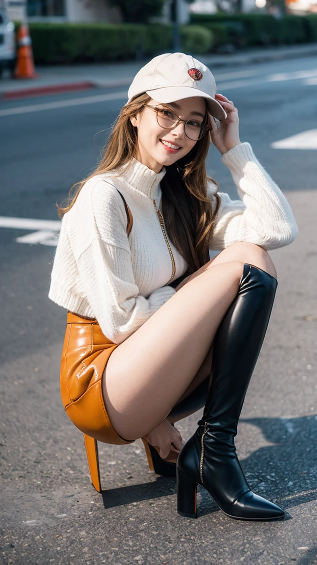 (masterpiece), best quality, expressive eyes, perfect face, HD, A closeup of a woman in a 1girl, Melania, reverse 1999, red glasses, long blonde hair, leather jacket, white sweater with zipper, black skirt, red tight legging, flat cap, stylish bag gold chain, boots shoes, thief, spyspy, masturbating, exhibitionist, breast, nipples, legs, whore, nude, NSFW, opened breasts, topless, suburbs background, , heels, high heels, latex, laughing, no glasses, unworn glasses