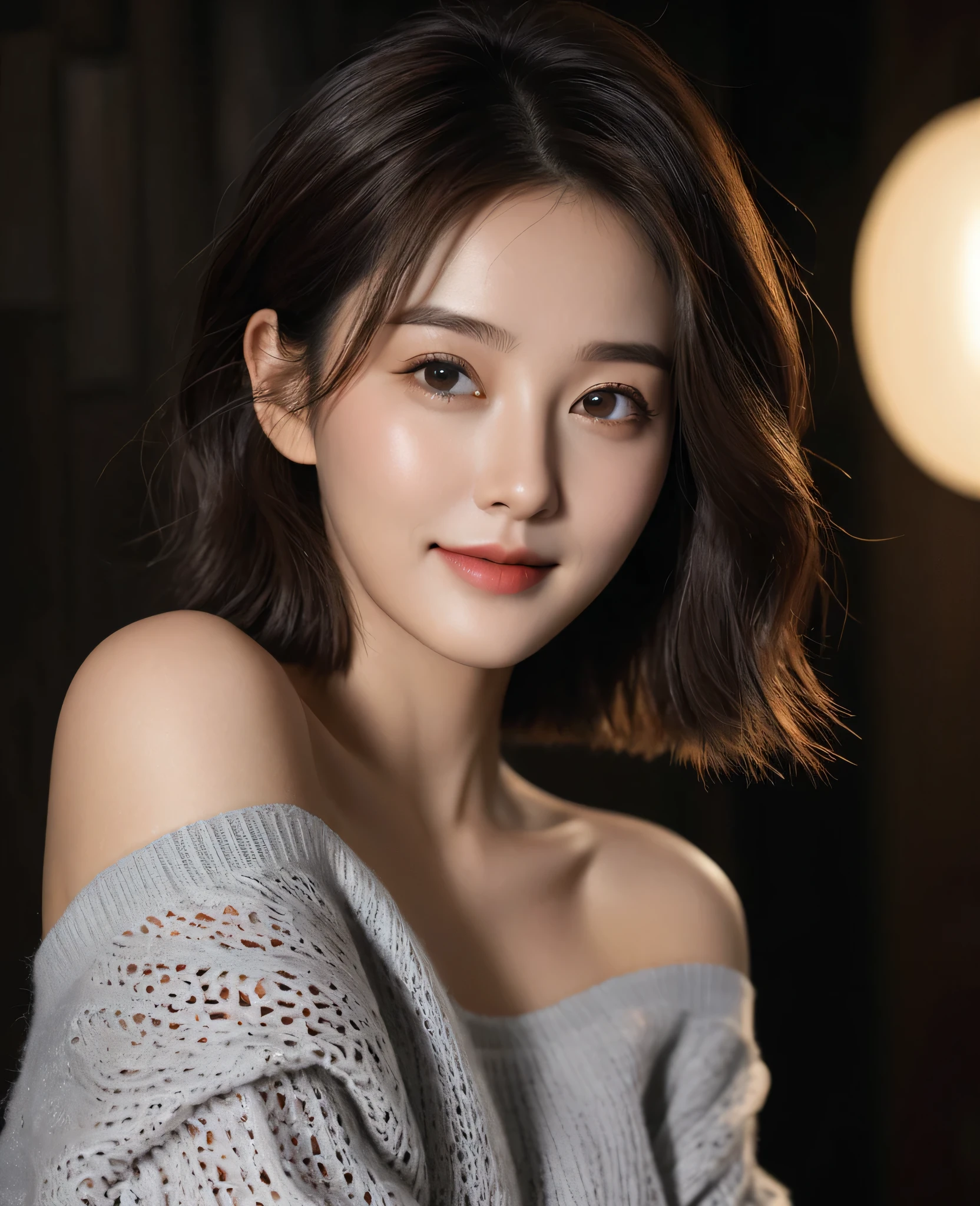 Best quality，masterpiece，Ultra-high resolution，(Realism:1.5)，Original photo，1 Girl，Off-shoulder tops，Chest to shoulders，Big breasts in the dark，Deep Shadows，Low profile，Openwork sweater，Cold Light，Attractive appearance，short hair，photo，Smile