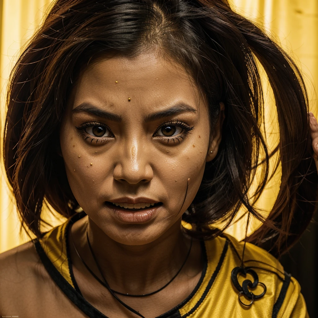 Ghost, adult_female, evil,yellow burma women dress, scary face ,horror image