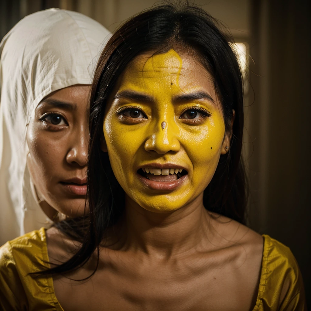 Ghost, adult_female, evil,yellow burma women dress, scary face ,horror image