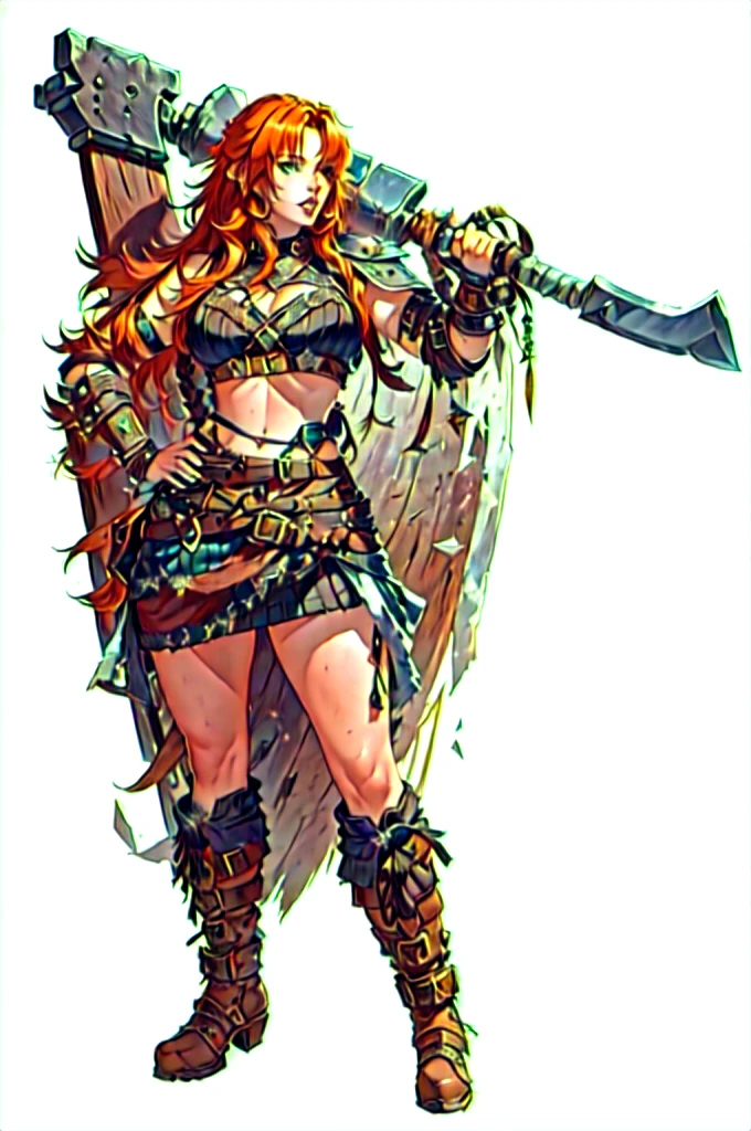 a woman with red hair and a large ax in front of a white background, a very beautiful berserker woman, female barbarian, north adult Warrior Woman, very beautiful female barbarian, barbarian class, north Warrior Woman, a pioneering barbarian pirate,wearing technological steampunk armor, wearing left eye patch , Marvel-style super villain, 8K, better quality and full body in the image, On top of a rock facing the sea.
